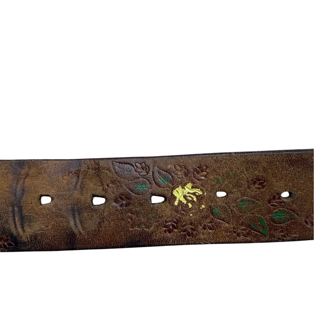 Vintage Embossed Brown Leather Belt With Wagon Wheel Metal Buckle Floral Design - Picture 4 of 8